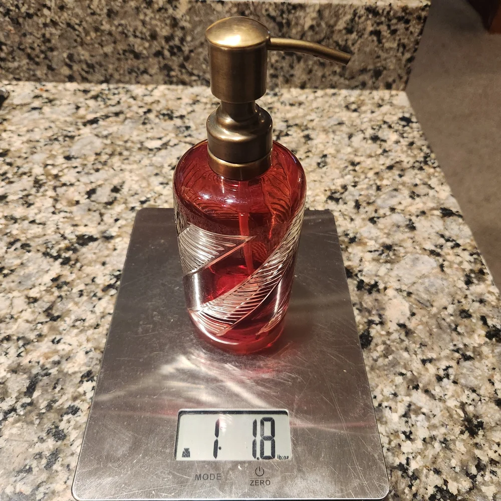 Red and Clear Swirled Glass Soap Dispenser with Brushed Brass Pump NEW